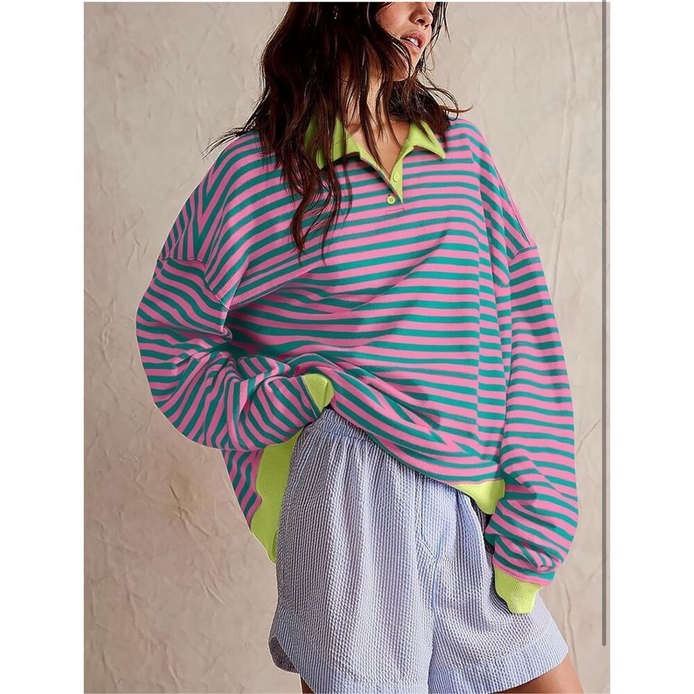 NEW Striped Oversized Sweatshirt Color Block Long Sleeve Pullover 80’s Preppy L